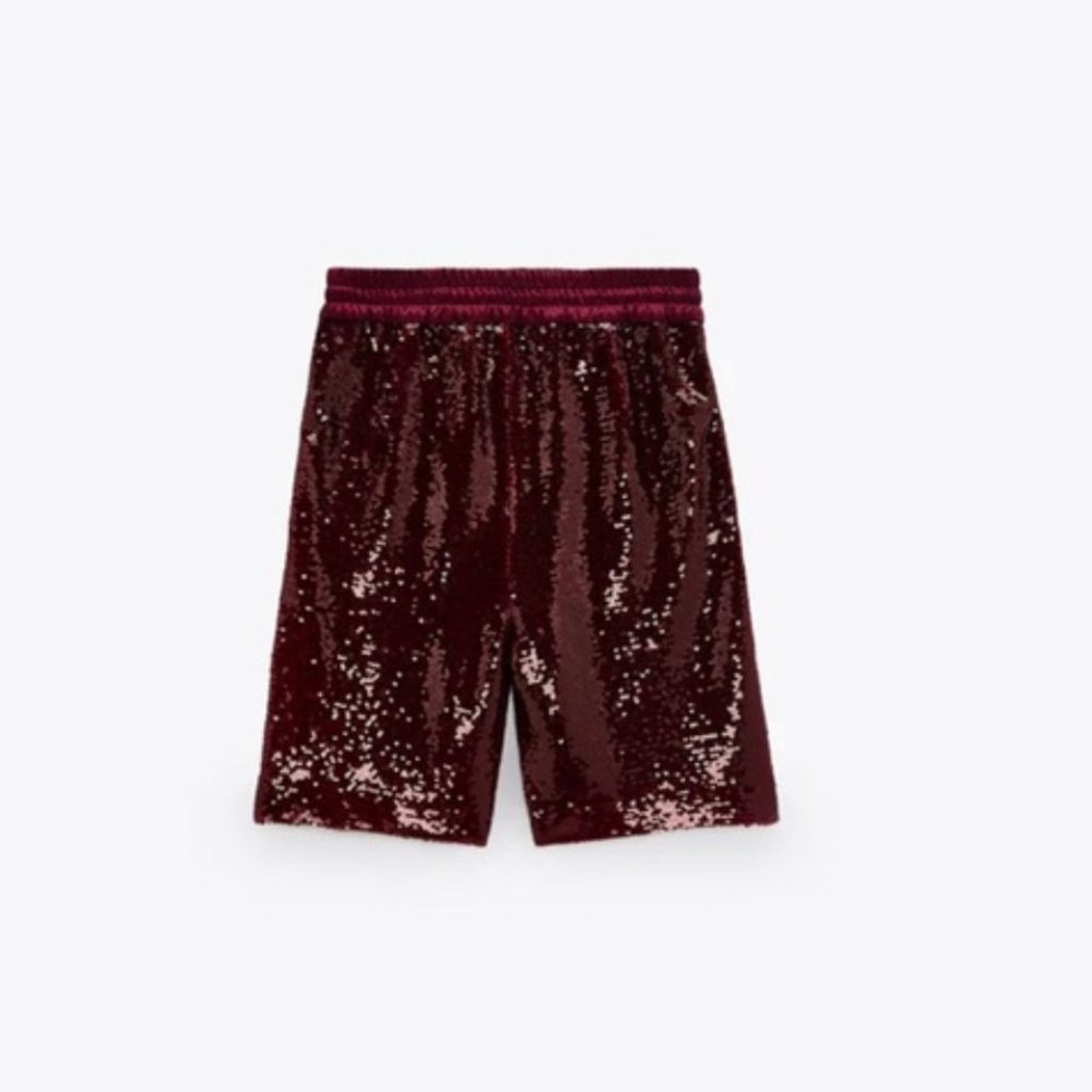 Zara High Waisted Sequin Shorts Burgundy Size XS - Picture 2 of 11